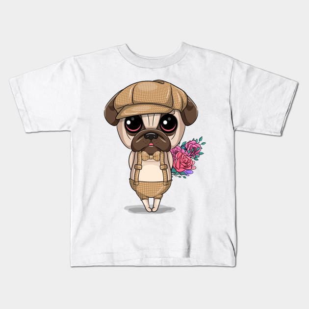 Cute pug dog with flowers Kids T-Shirt by sharukhdesign